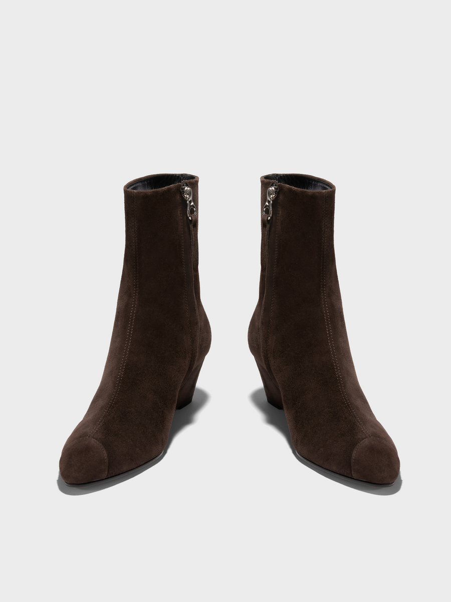 Aeyde | Mia Cap Leather Ankle Boots for Women | Moka Suede | Round Toe | Mid Heel | Front View