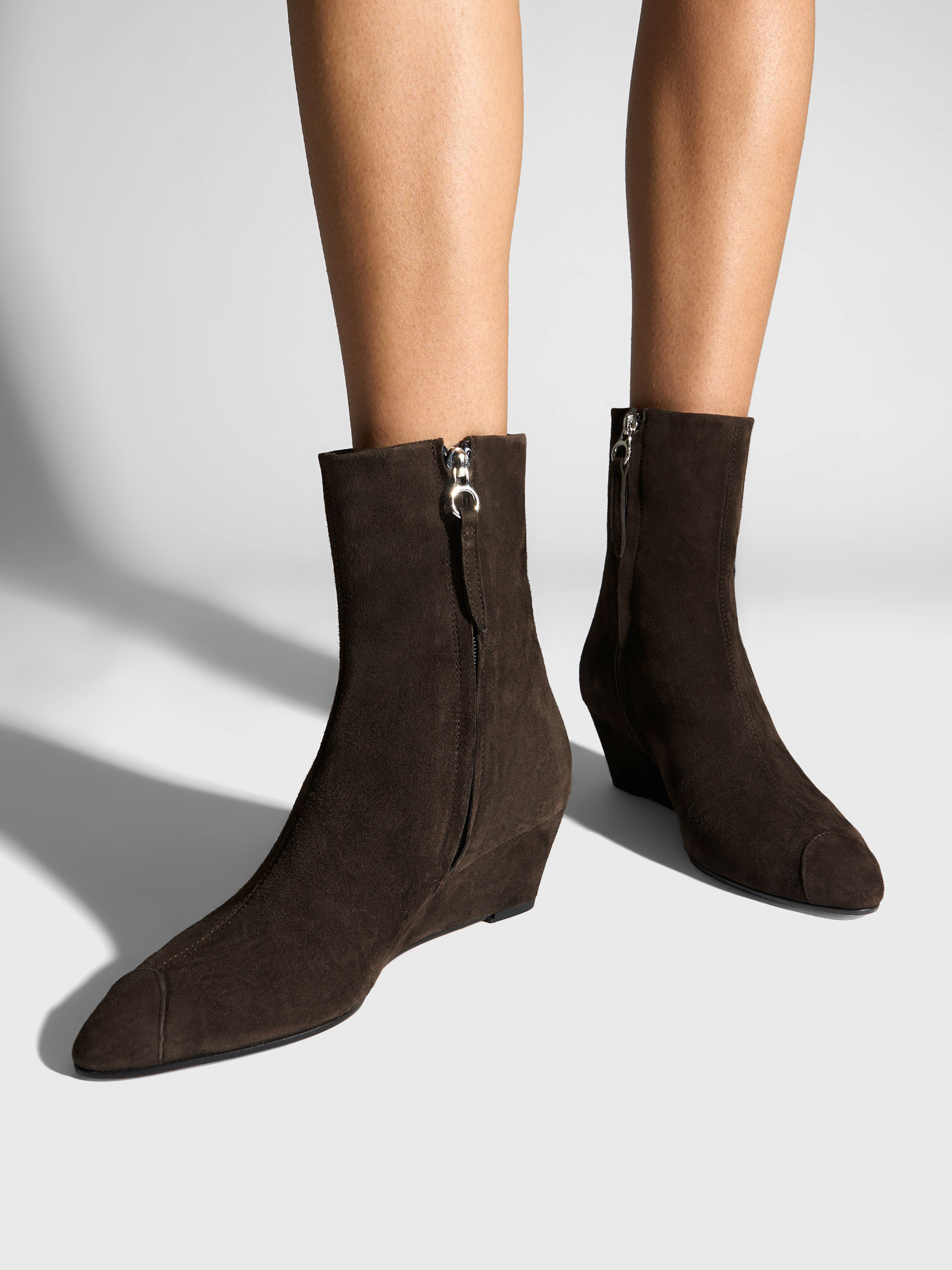 Aeyde | Mia Cap Leather Ankle Boots for Women | Moka Suede | Round Toe | Mid Heel | On Feet