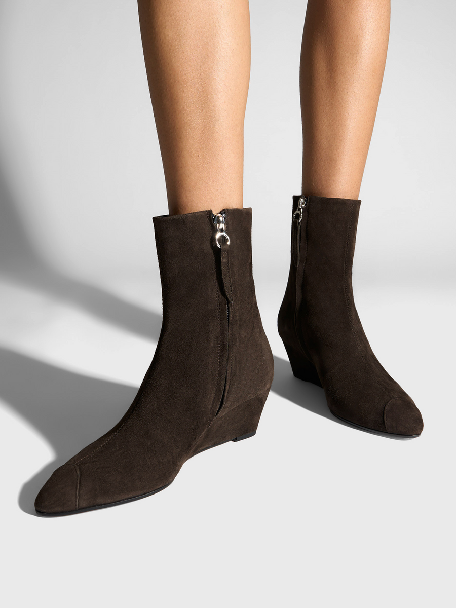 Aeyde | Mia Cap Leather Ankle Boots for Women | Moka Suede | Round Toe | Mid Heel | On Feet