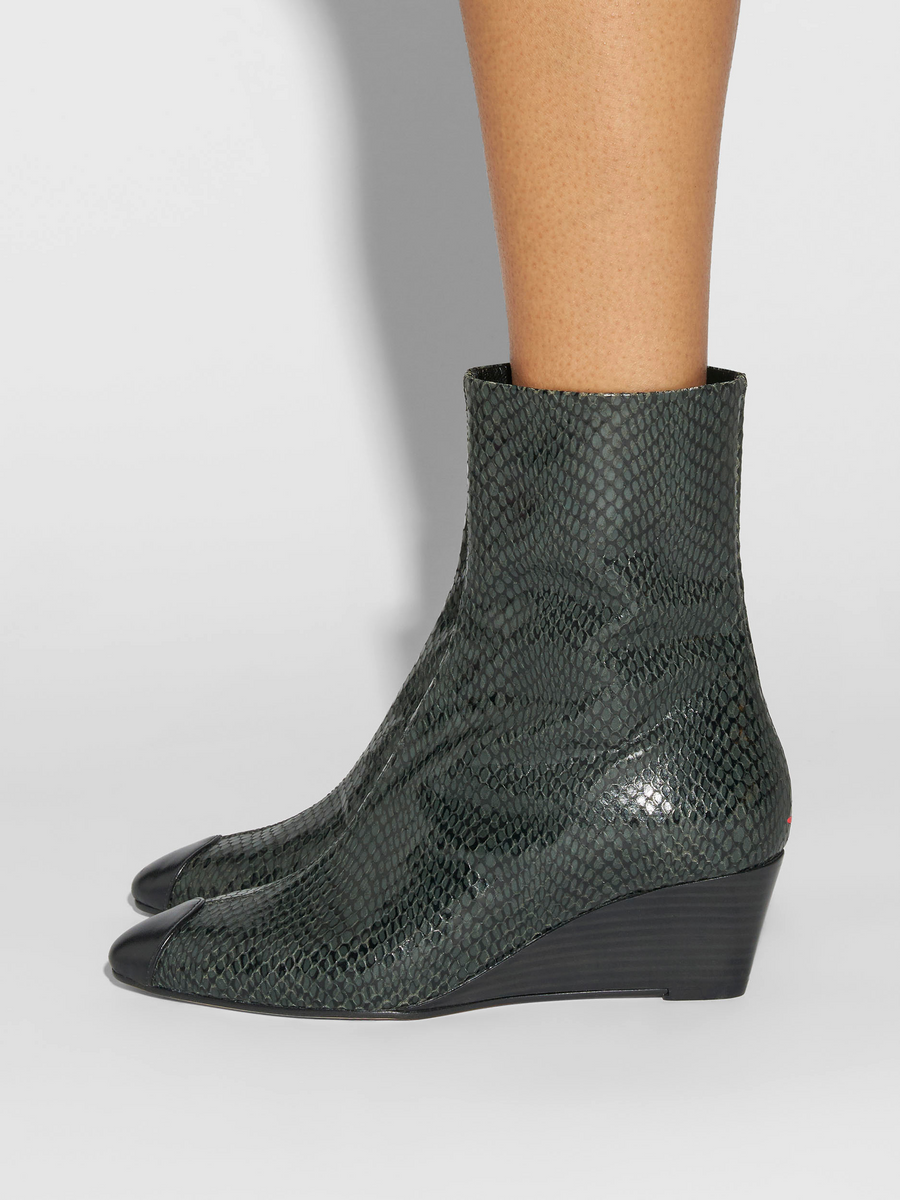 Aeyde | Mia Cap Leather Ankle Boots for Women | Moss/Black Mini Snake/Nappa | Round Toe | Mid Heel | How to Style