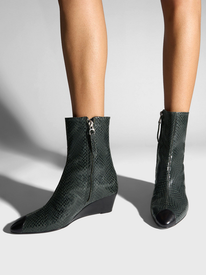 Aeyde | Mia Cap Leather Ankle Boots for Women | Moss/Black Mini Snake/Nappa | Round Toe | Mid Heel | On Feet