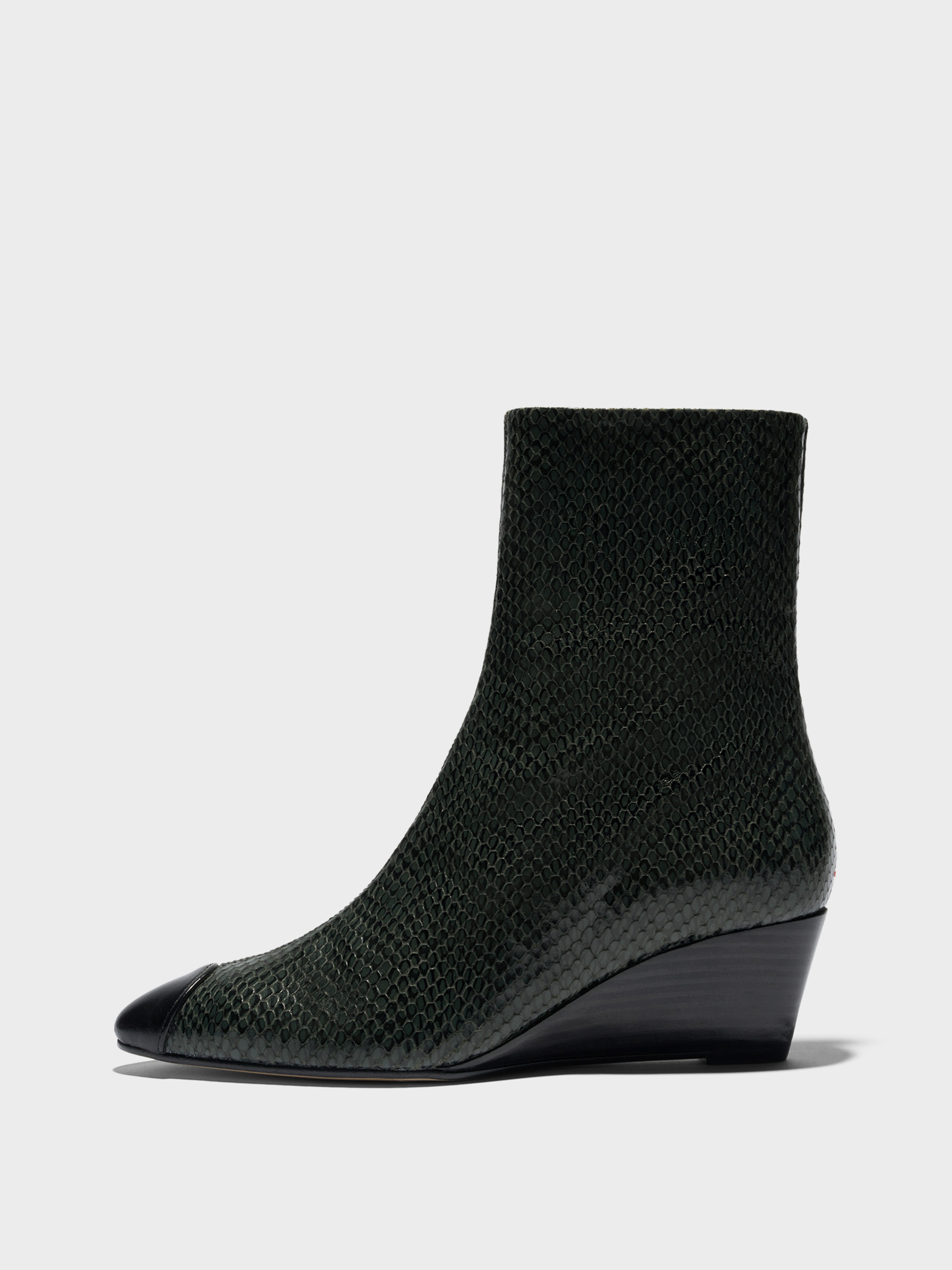 Aeyde | Mia Cap Leather Ankle Boots for Women | Moss/Black Mini Snake/Nappa | Round Toe | Mid Heel | Side View