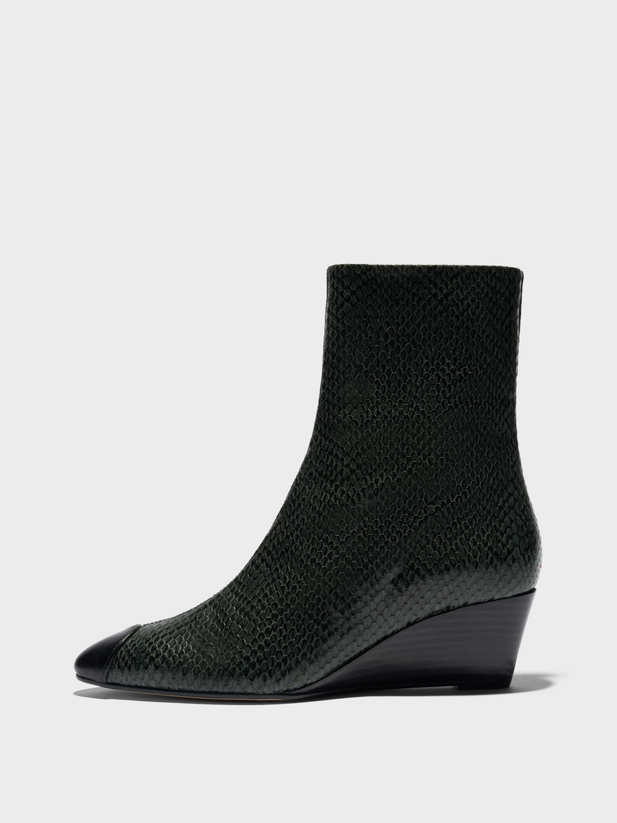 Aeyde | Mia Cap Leather Ankle Boots for Women | Moss/Black Mini Snake/Nappa | Round Toe | Mid Heel | Side View