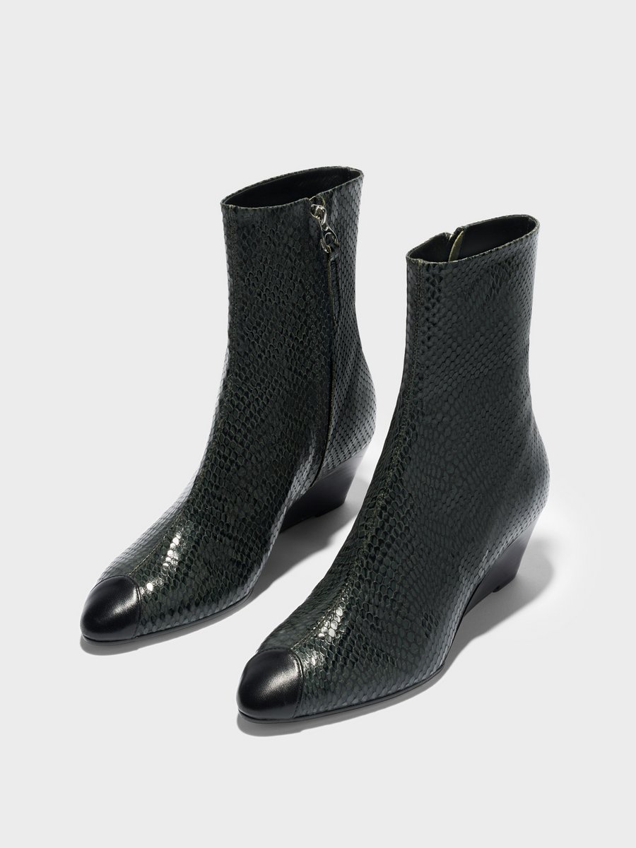 Aeyde | Mia Cap Leather Ankle Boots for Women | Moss/Black Mini Snake/Nappa | Round Toe | Mid Heel | Luxury Materials | Handmade in Italy