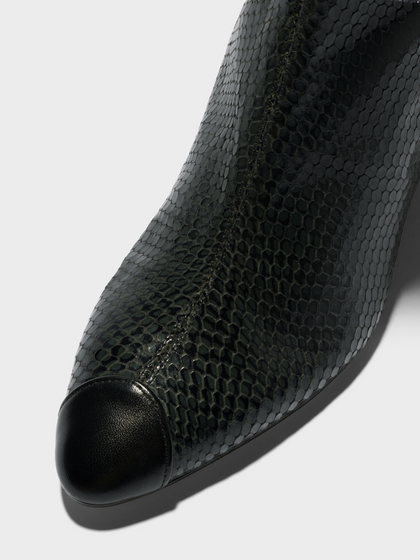 Aeyde | Mia Cap Leather Ankle Boots for Women | Moss/Black Mini Snake/Nappa | Round Toe | Mid Heel | Heel Details