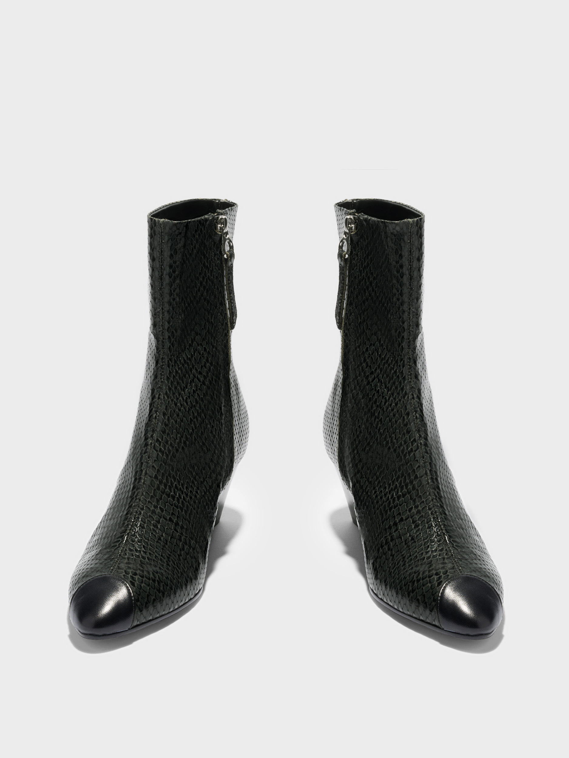 Aeyde | Mia Cap Leather Ankle Boots for Women | Moss/Black Mini Snake/Nappa | Round Toe | Mid Heel | Front View