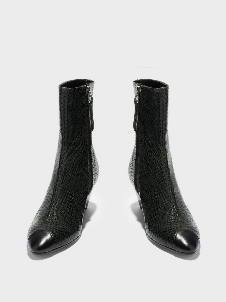 Aeyde | Mia Cap Leather Ankle Boots for Women | Moss/Black Mini Snake/Nappa | Round Toe | Mid Heel | Front View