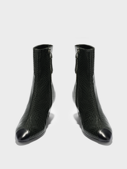 Aeyde | Mia Cap Leather Ankle Boots for Women | Moss/Black Mini Snake/Nappa | Round Toe | Mid Heel | Front View