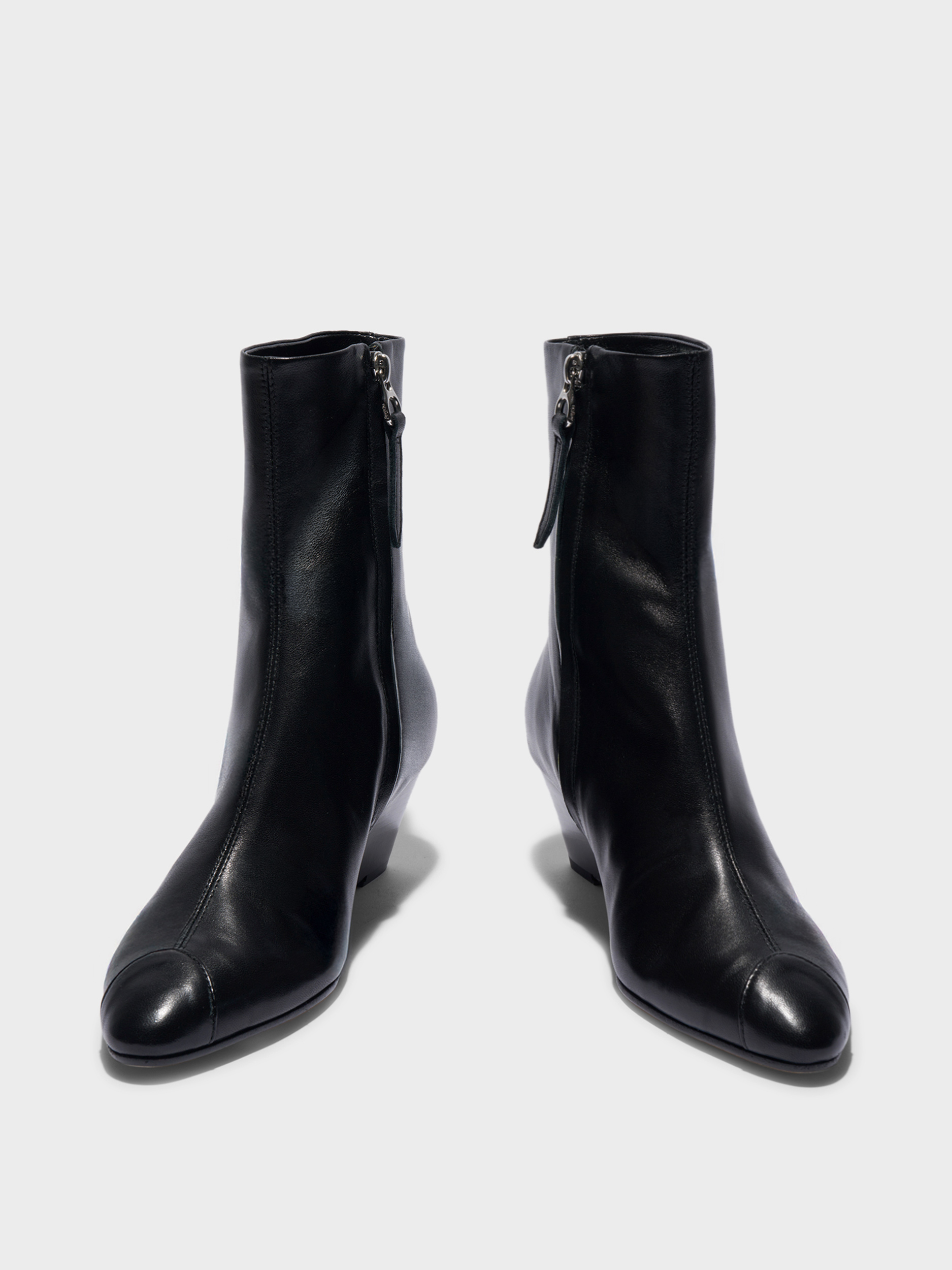 Aeyde | Mia Cap Leather Ankle Boots for Women | Black Nappa | Round Toe | Mid Heel | Front View