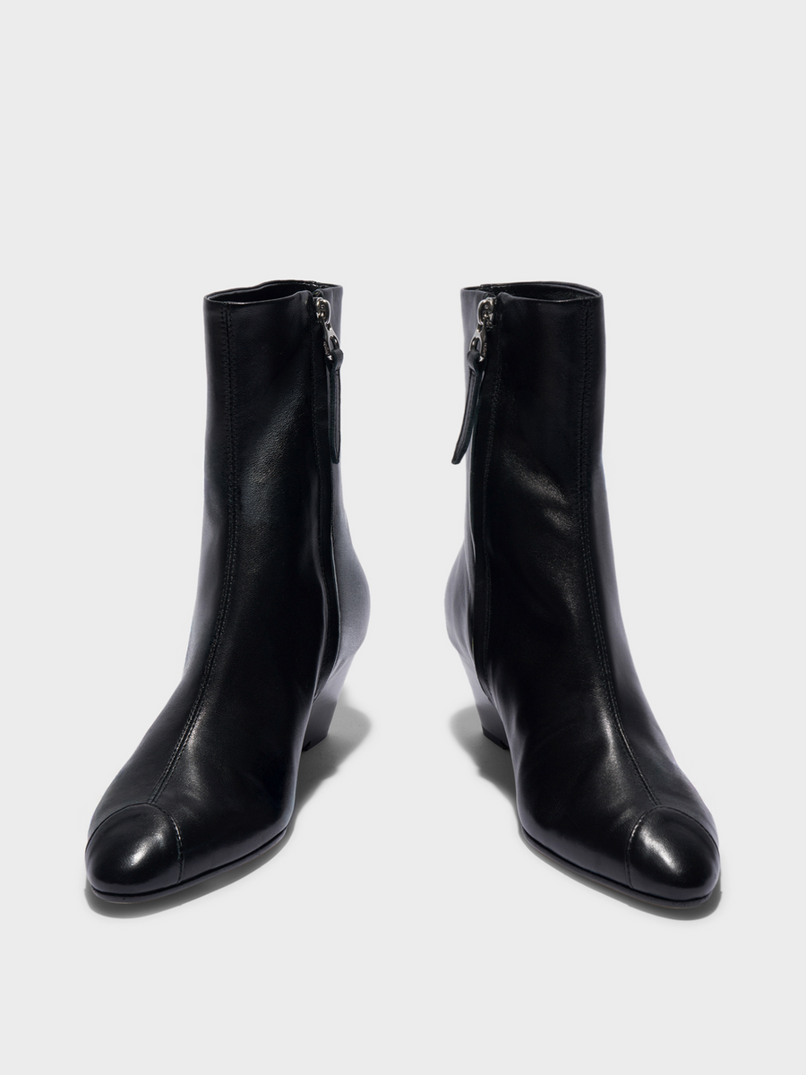 Aeyde | Mia Cap Leather Ankle Boots for Women | Black Nappa | Round Toe | Mid Heel | Front View