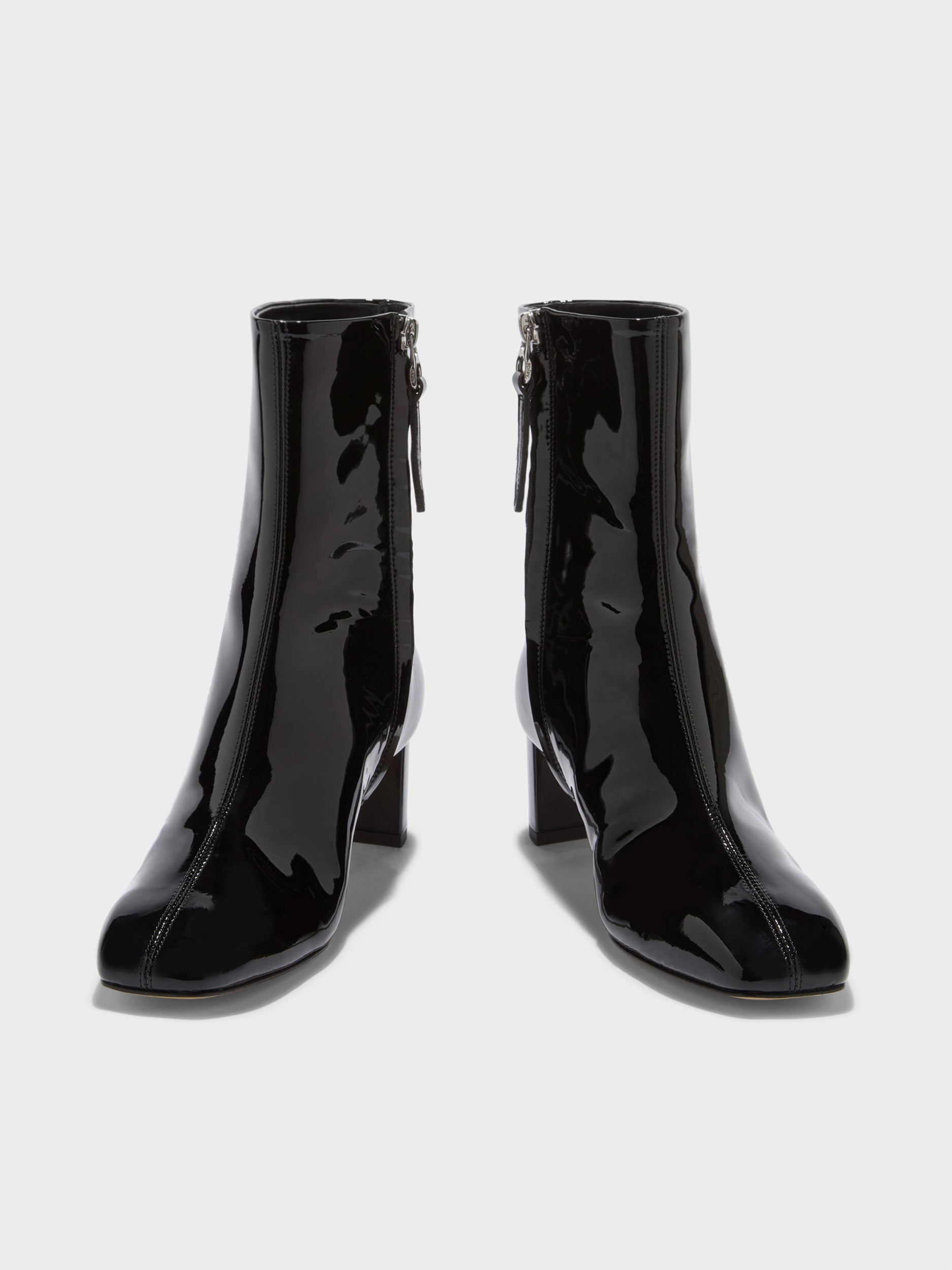 Aeyde | Millie Leather Ankle Boots for Women | Black Patent | Square Toe | Low Heel | Front View