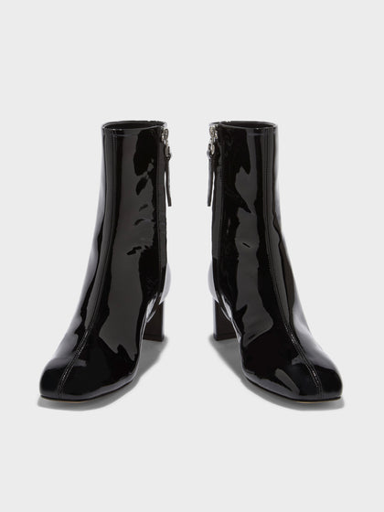 Aeyde | Millie Leather Ankle Boots for Women | Black Patent | Square Toe | Low Heel | Front View