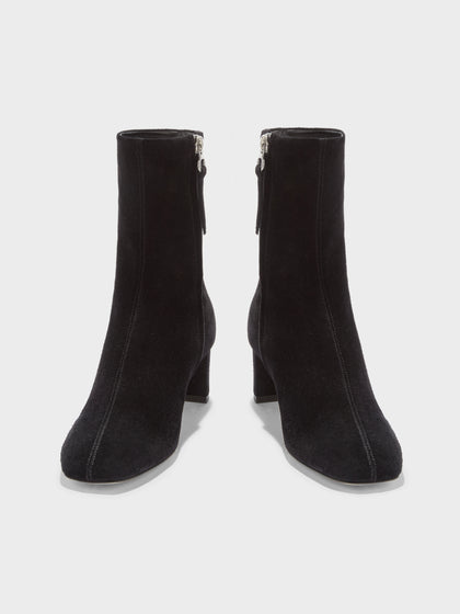 Aeyde | Millie Leather Ankle Boots for Women | Black Suede | Square Toe | Low Heel | Heel Details