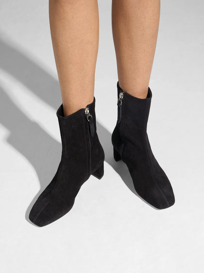 Aeyde | Millie Leather Ankle Boots for Women | Black Suede | Square Toe | Low Heel | On Feet