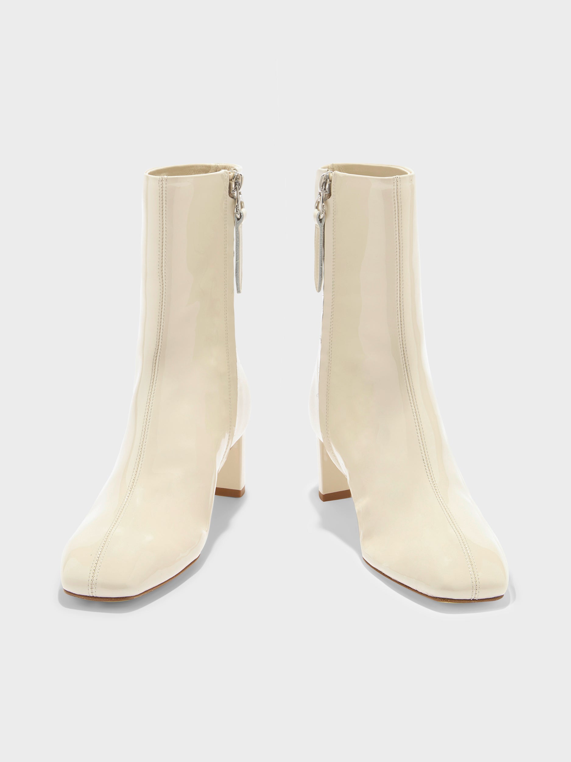 Aeyde | Millie Leather Ankle Boots for Women | Creamy Patent | Square Toe | Low Heel | Front View