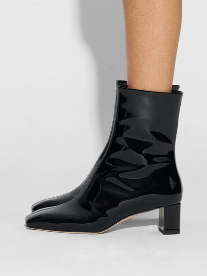 Aeyde | Millie Leather Ankle Boots for Women | Black Patent | Square Toe | Low Heel | How to Style