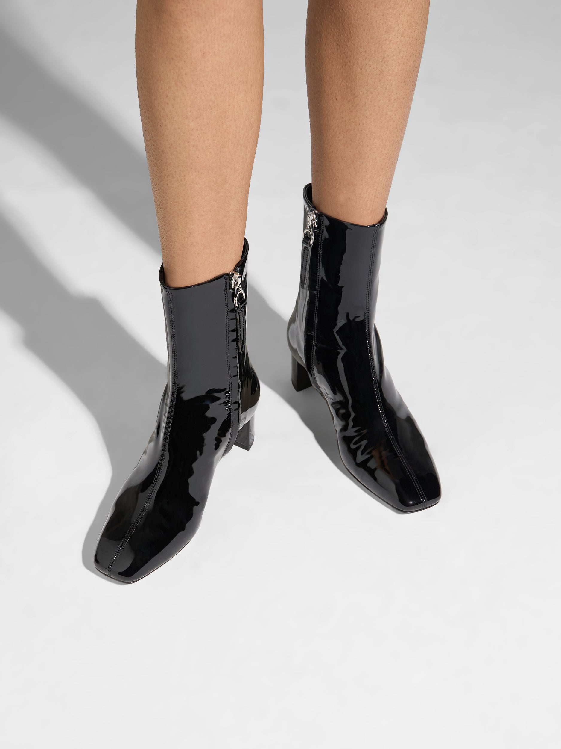 Aeyde | Millie Leather Ankle Boots for Women | Black Patent | Square Toe | Low Heel | On Feet
