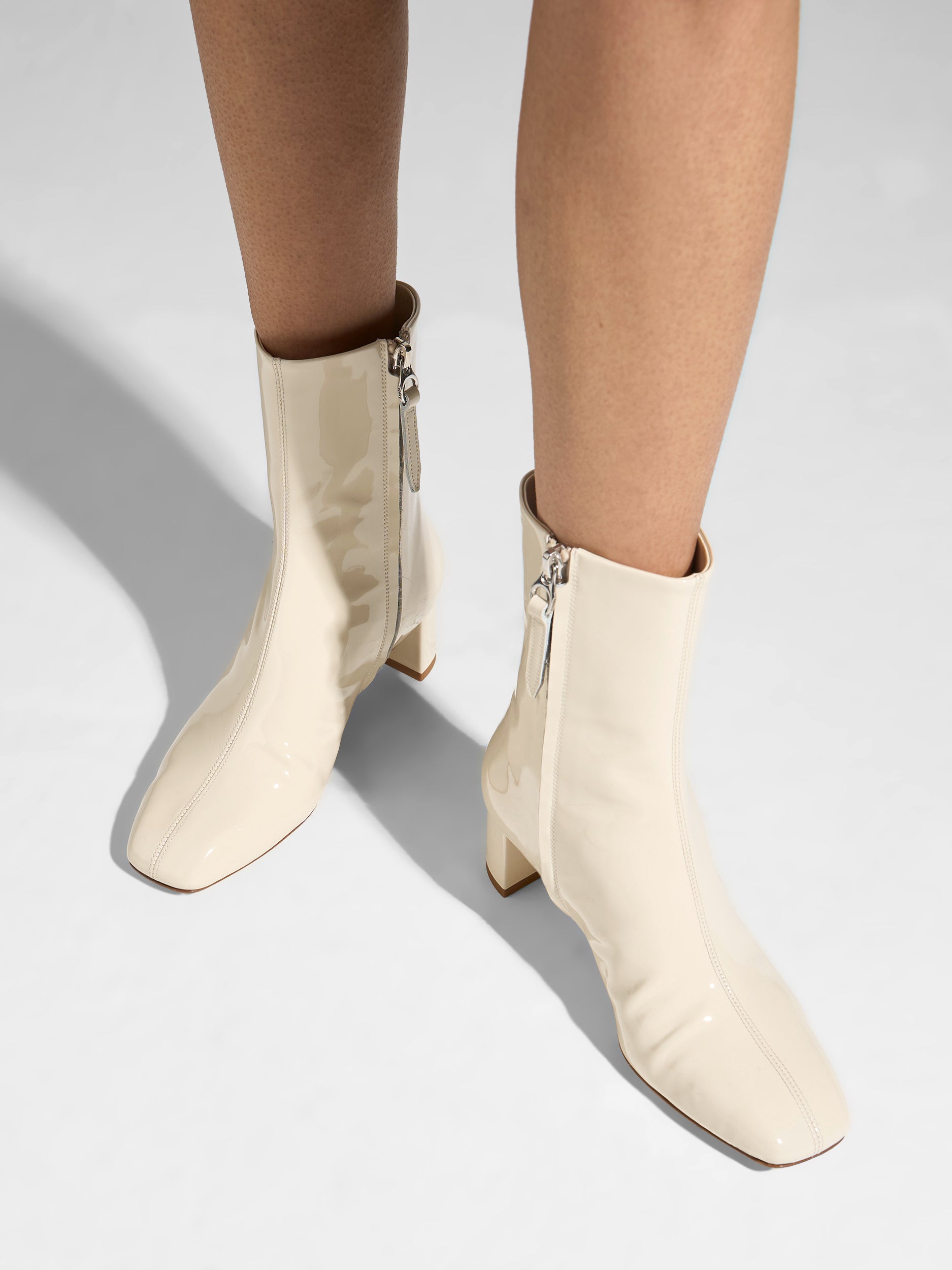 Aeyde | Millie Leather Ankle Boots for Women | Creamy Patent | Square Toe | Low Heel | On Feet