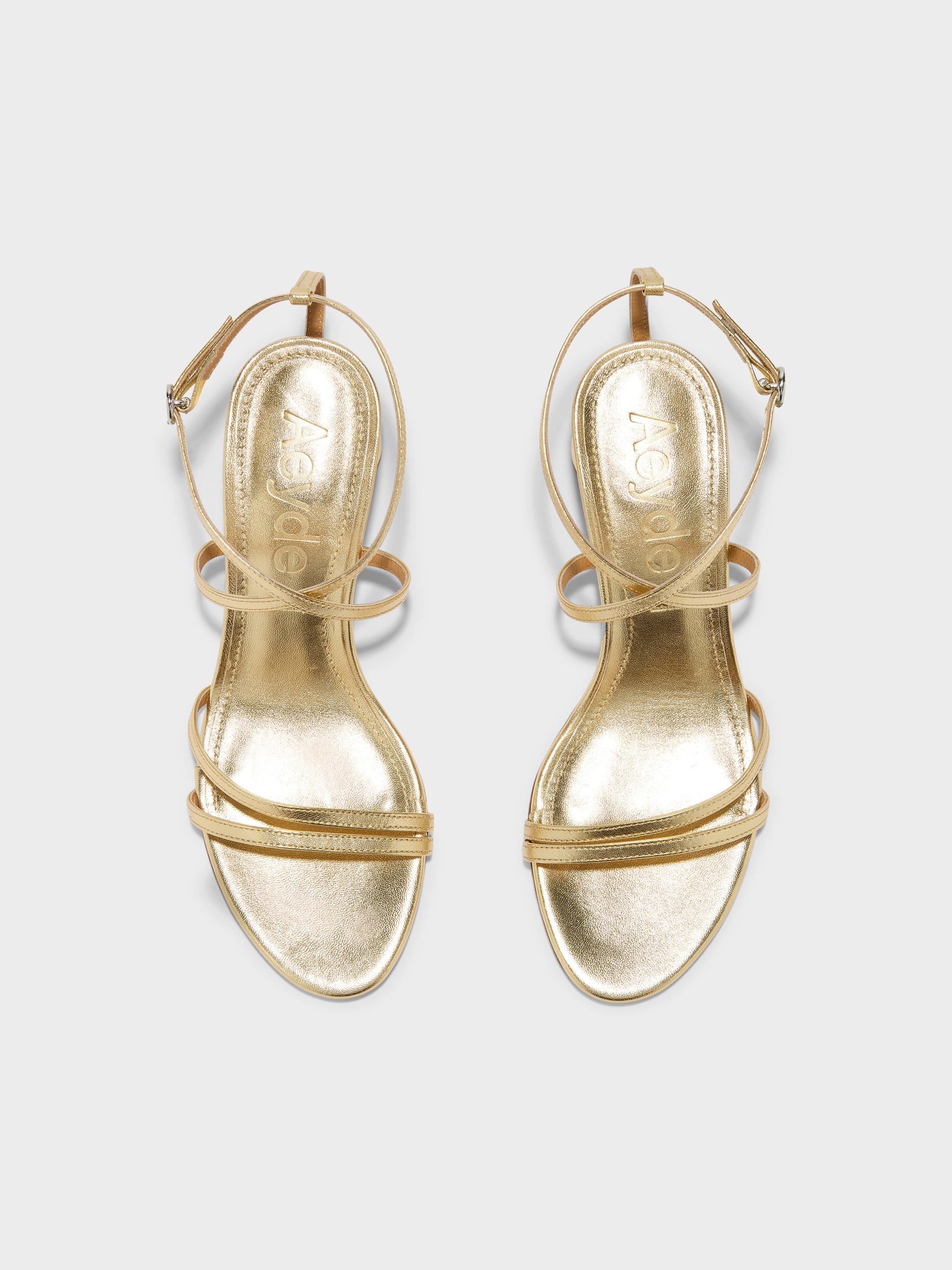 Aeyde | Mirella Leather Heeled Sandals for Women | Gold Nappa | Round Toe | Mid Heel | Front View