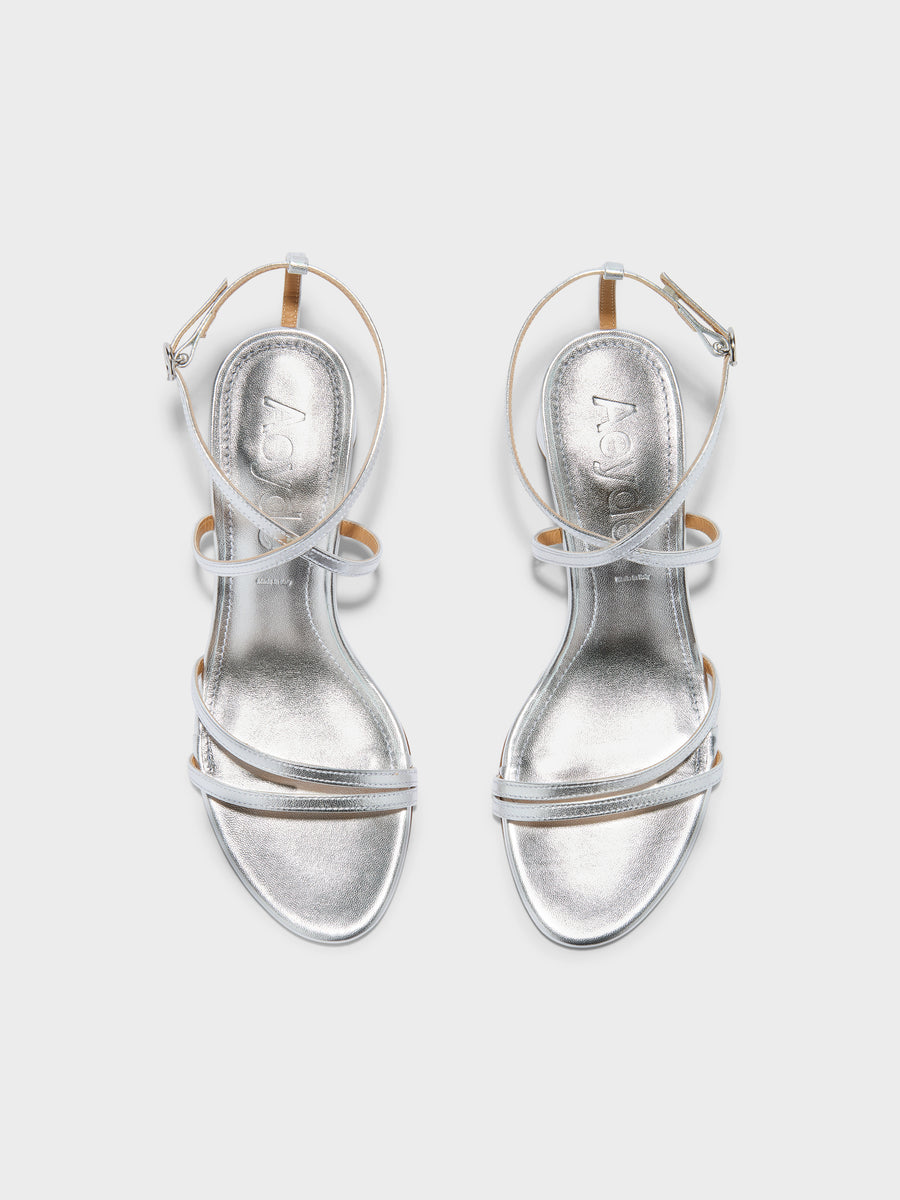 Aeyde | Mirella Leather Heeled Sandals for Women | Silver Nappa | Round Toe | Mid Heel | Front View
