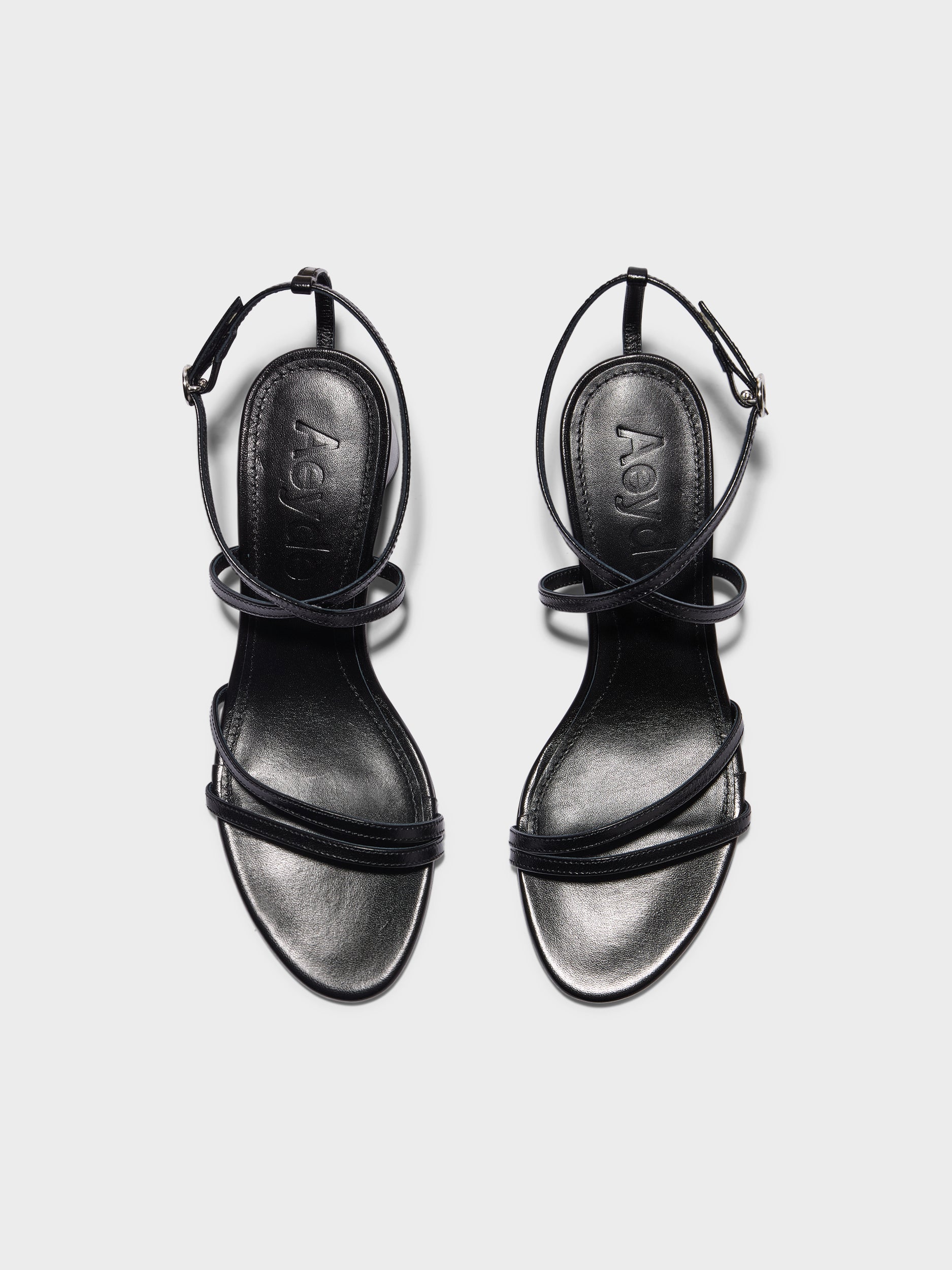 Aeyde | Mirella Leather Heeled Sandals for Women | Black Nappa | Round Toe | Mid Heel | Front View