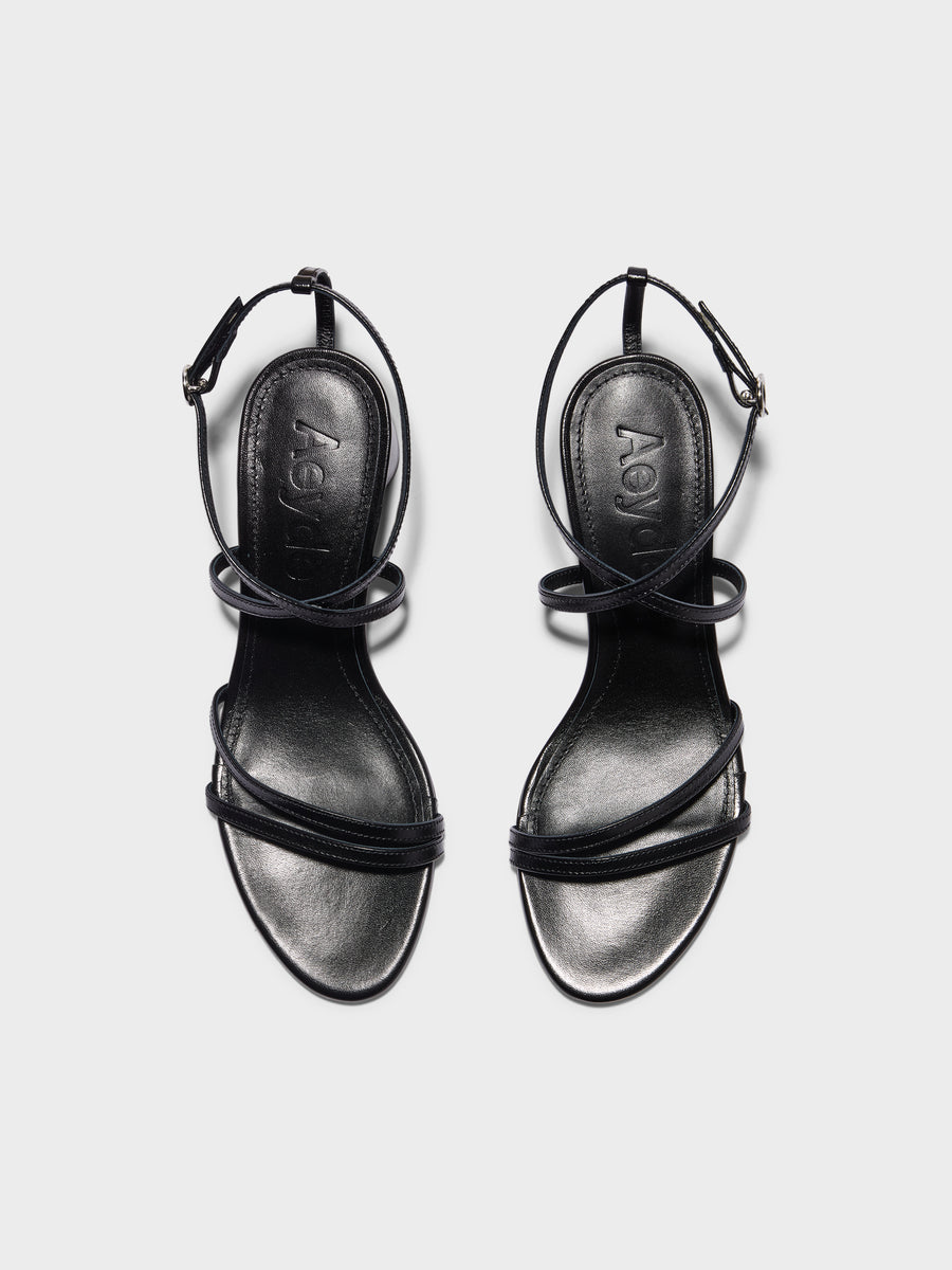 Aeyde | Mirella Leather Heeled Sandals for Women | Black Nappa | Round Toe | Mid Heel | Front View
