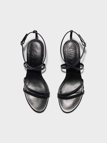 Aeyde | Mirella Leather Heeled Sandals for Women | Black Nappa | Round Toe | Mid Heel | Front View