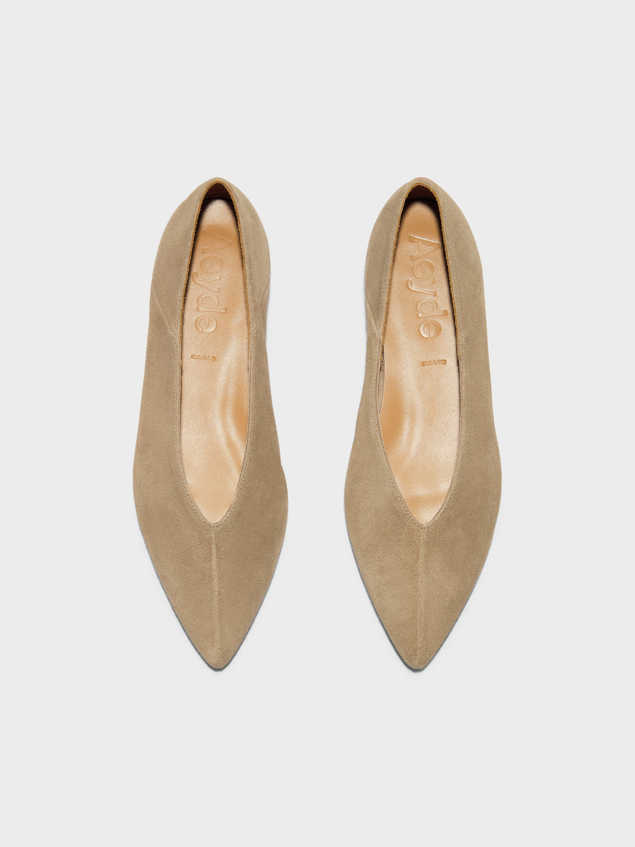 Aeyde | Moa Leather Flats for Women | Sand Suede | Pointed Toe | Flat Heel | Front View