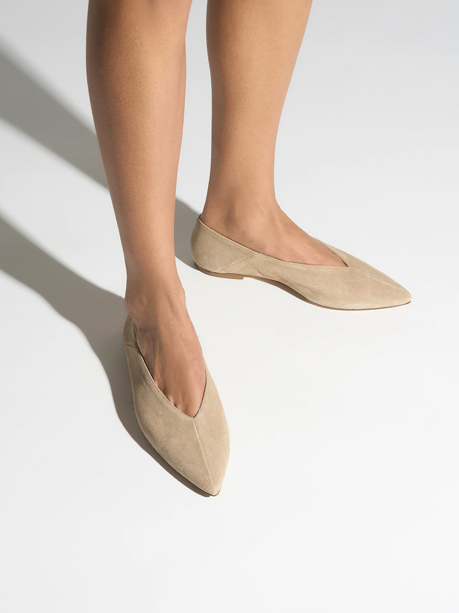 Aeyde | Moa Leather Flats for Women | Sand Suede | Pointed Toe | Flat Heel | On Feet