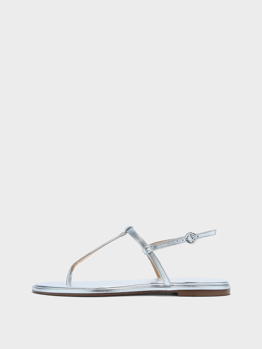 Aeyde | Nala Leather Flat Sandals for Women | Silver Nappa | Round Toe | Flat Heel | Side View