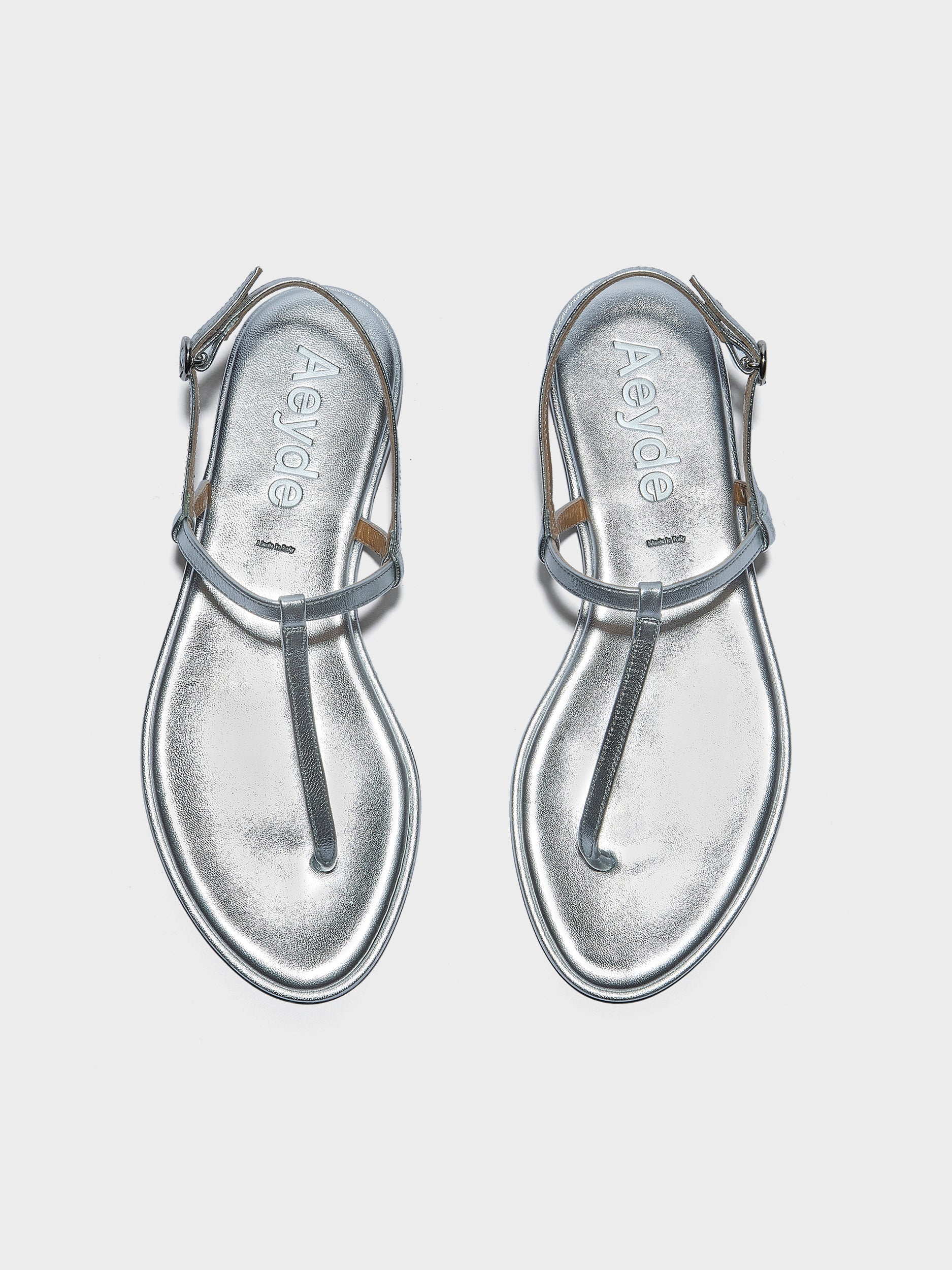 Aeyde | Nala Leather Flat Sandals for Women | Silver Nappa | Round Toe | Flat Heel | Front View