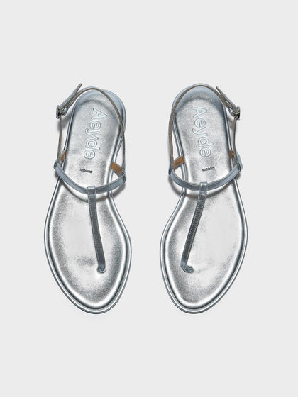 Aeyde | Nala Leather Flat Sandals for Women | Silver Nappa | Round Toe | Flat Heel | Front View