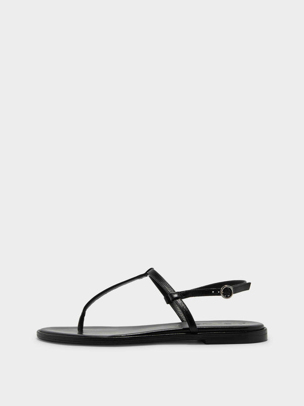 Aeyde | Nala T-Bar Sandals Leather Flat Sandals for Women | Black Nappa | Round Toe | Flat Heel | Side View