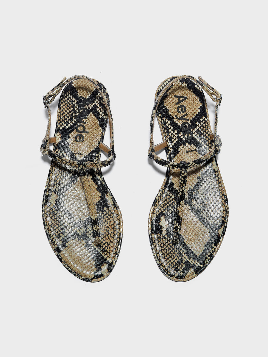 Aeyde | Nala Leather Flat Sandals for Women | Hazelnut Snake | Round Toe | Flat Heel | Front View
