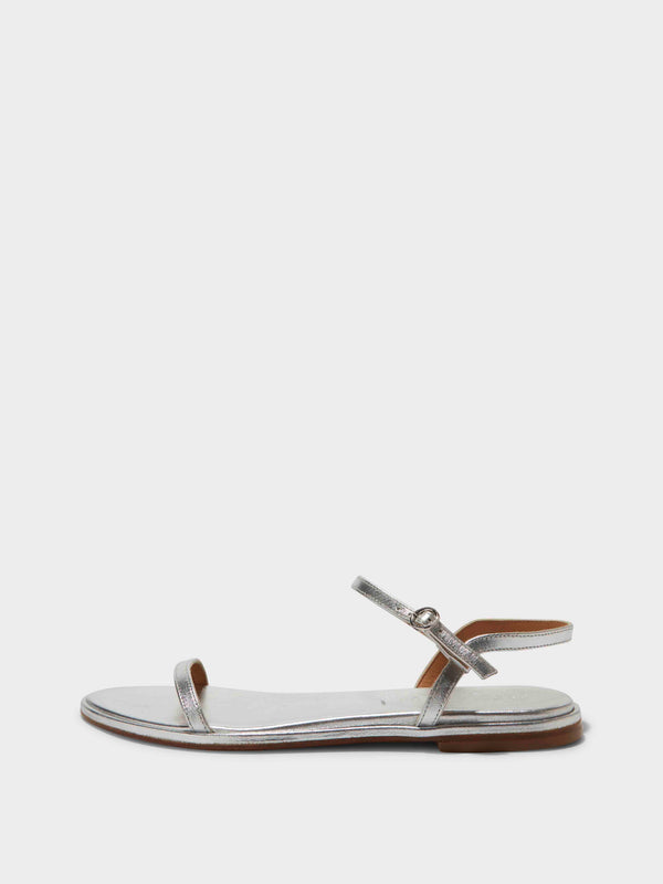 Aeyde | Nettie Leather Flat Sandals for Women | Silver Nappa | Round Toe | Flat Heel | Side View [x=50,y=85]