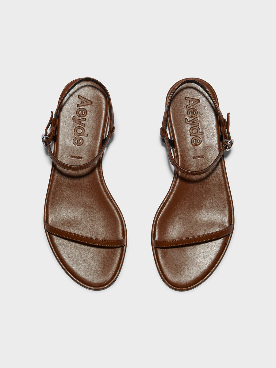 Aeyde | Nettie Leather Flat Sandals for Women | Tobacco Nappa | Round Toe | Flat Heel | Front View