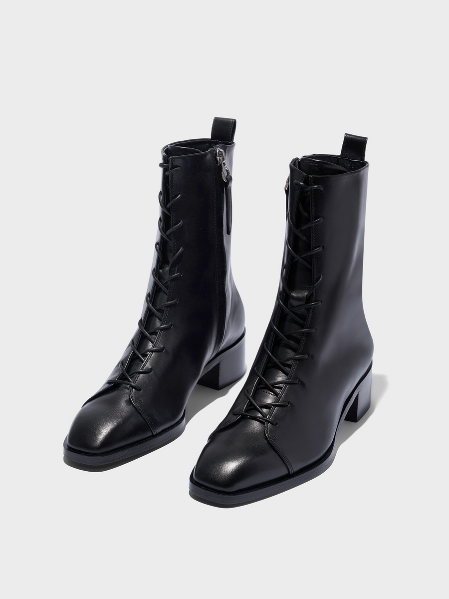 Aeyde | Noel Leather Ankle Boots Leather Ankle Boots for Women | Black Calf | Square Toe | Low Heel | Luxury Materials | Handmade in Italy