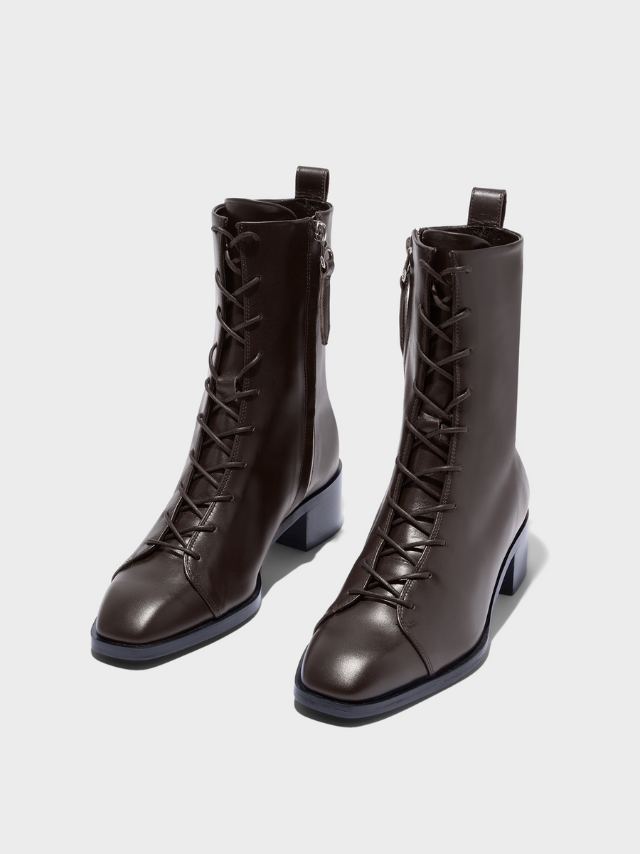Aeyde | Noel Leather Ankle Boots Leather Ankle Boots for Women | Moka Calf | Square Toe | Low Heel | Luxury Materials | Handmade in Italy