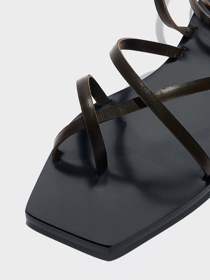 Aeyde | Norah Leather Flat Sandals for Women | Moka Calf | Square Toe | Flat Heel | Heel Details