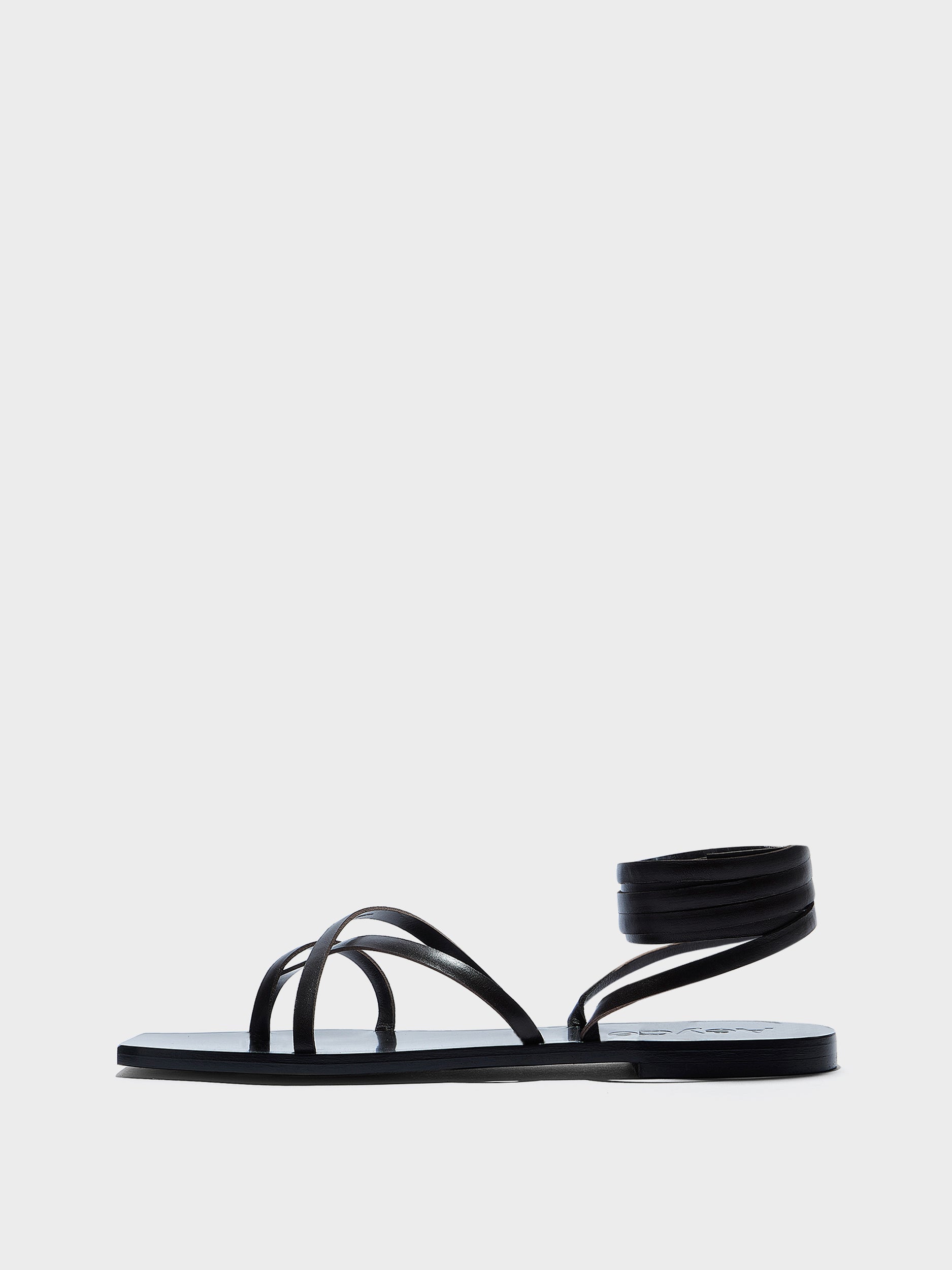 Aeyde | Norah Leather Flat Sandals for Women | Black Calf | Square Toe | Flat Heel | Side View