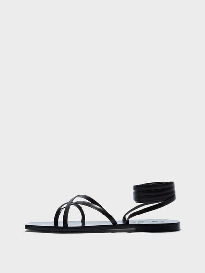 Aeyde | Norah Leather Flat Sandals for Women | Black Calf | Square Toe | Flat Heel | Side View