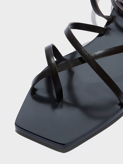 Aeyde | Norah Leather Flat Sandals for Women | Black Calf | Square Toe | Flat Heel | Heel Details