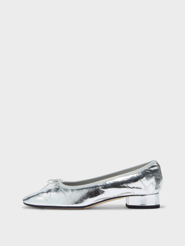 Aeyde | Onda Leather Flats for Women | Silver Crackle | Round Toe | Low Heel | Side View