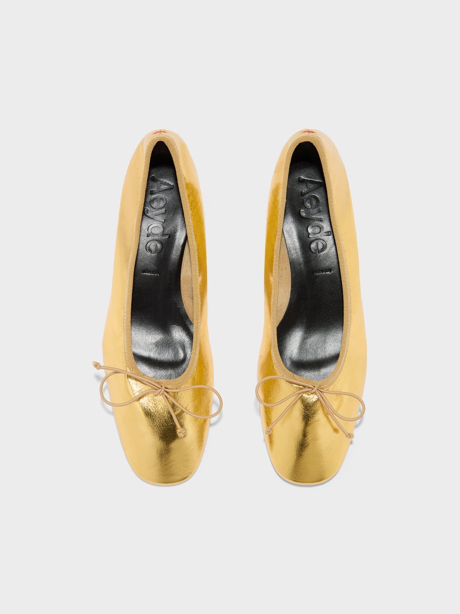 Aeyde | Onda Leather Flats for Women | Gold Crackle | Round Toe | Low Heel | Front View