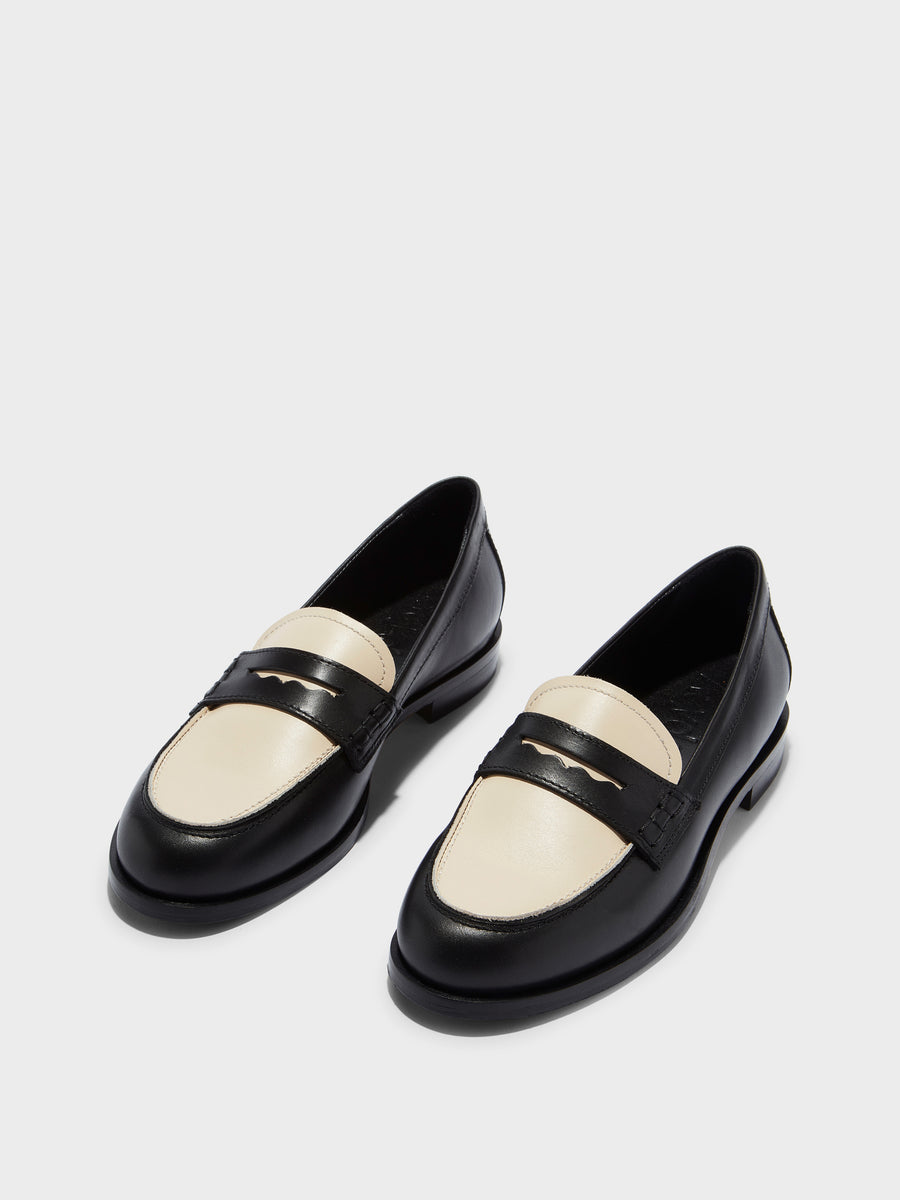 Aeyde | Oscar Leather Flats for Women | Black/Creamy Calf | Round Toe | Low Heel | Luxury Materials | Handmade in Italy