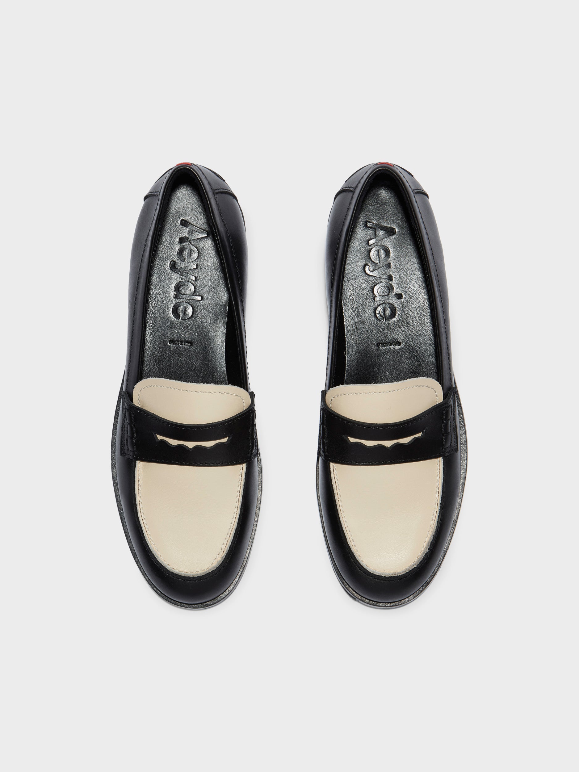 Aeyde | Oscar Leather Flats, Loafers for Women | Black/Creamy Calf | Round Toe | Low Heel | Front View