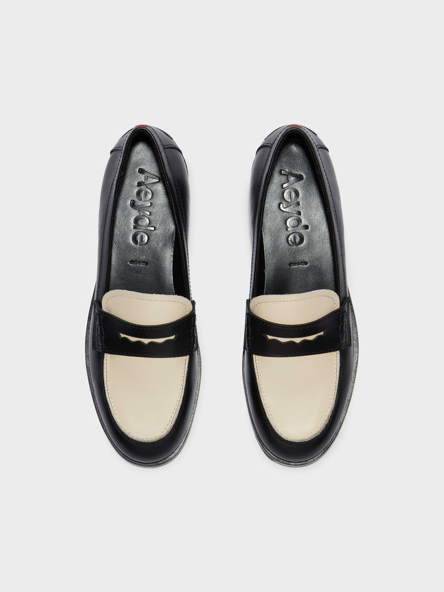 Aeyde | Oscar Leather Flats for Women | Black/Creamy Calf | Round Toe | Low Heel | Front View