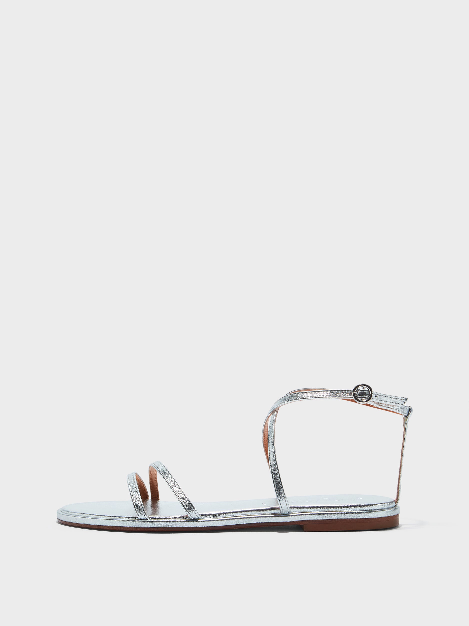 Aeyde | Rabea Leather Flat Sandals for Women | Silver Nappa | Round Toe | Flat Heel | Side View