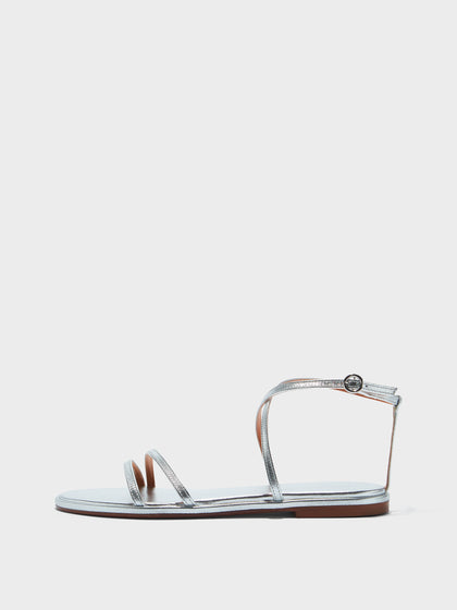 Aeyde | Rabea Leather Flat Sandals for Women | Silver Nappa | Round Toe | Flat Heel | Side View
