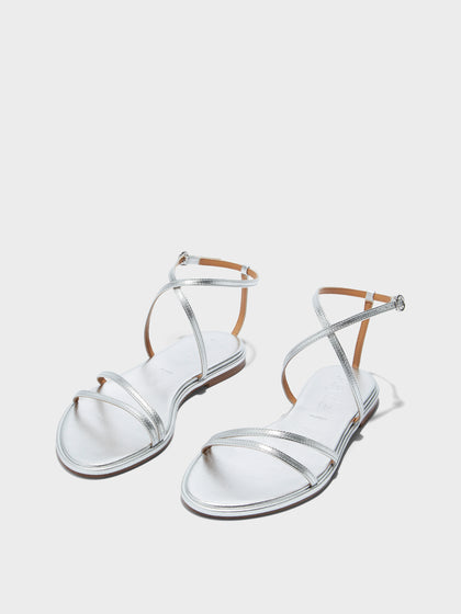 Aeyde | Rabea Leather Flat Sandals for Women | Silver Nappa | Round Toe | Flat Heel | Luxury Materials | Handmade in Italy